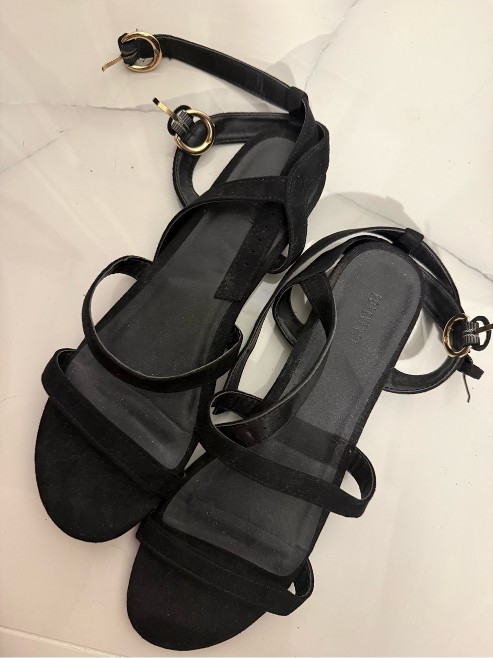 Forever 21 Black Strappy Ankle-Wrap Sandals with Gold Buckles